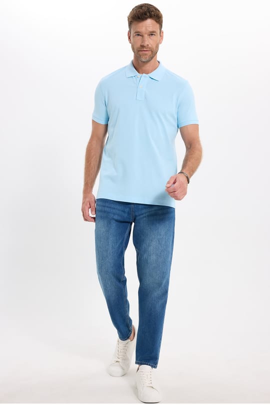 Erkek Slim Fit Dar Kesim Premium Seri %100 Pamuk Yumuşak Dokulu Merserize Mavi Polo Yaka Tişört