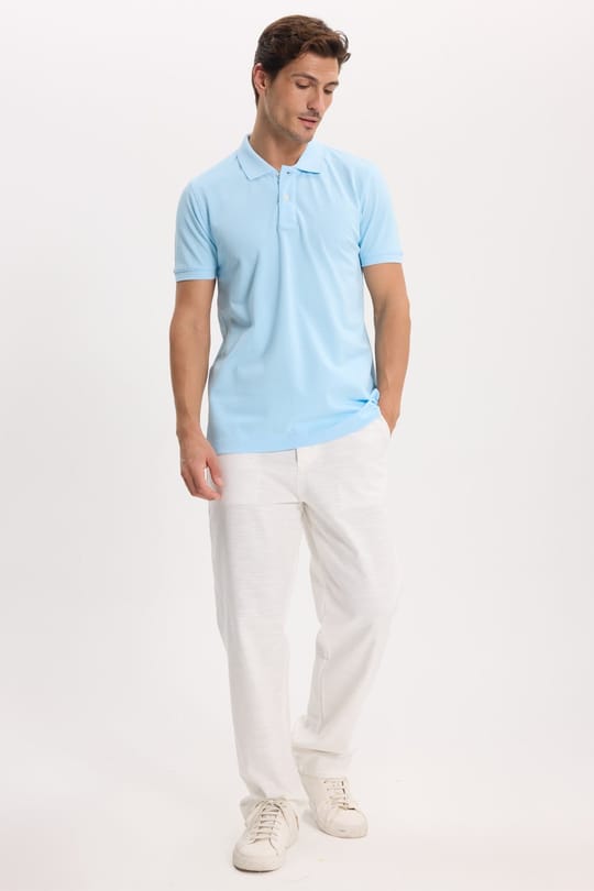 Erkek Slim Fit Dar Kesim Premium Seri %100 Pamuk Yumuşak Dokulu Merserize Mavi Polo Yaka Tişört 