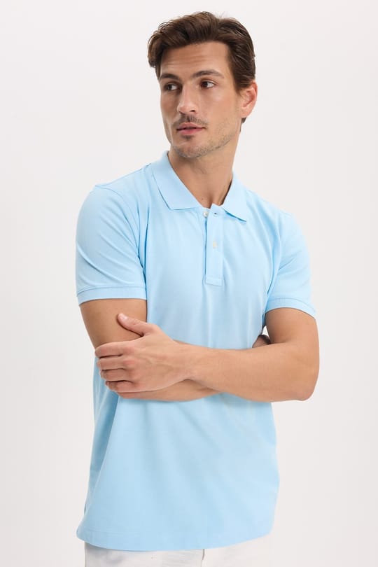 Erkek Slim Fit Dar Kesim Premium Seri %100 Pamuk Yumuşak Dokulu Merserize Mavi Polo Yaka Tişört 