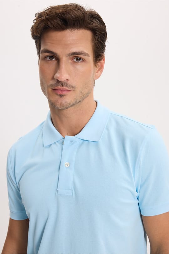 Erkek Slim Fit Dar Kesim Premium Seri %100 Pamuk Yumuşak Dokulu Merserize Mavi Polo Yaka Tişört 