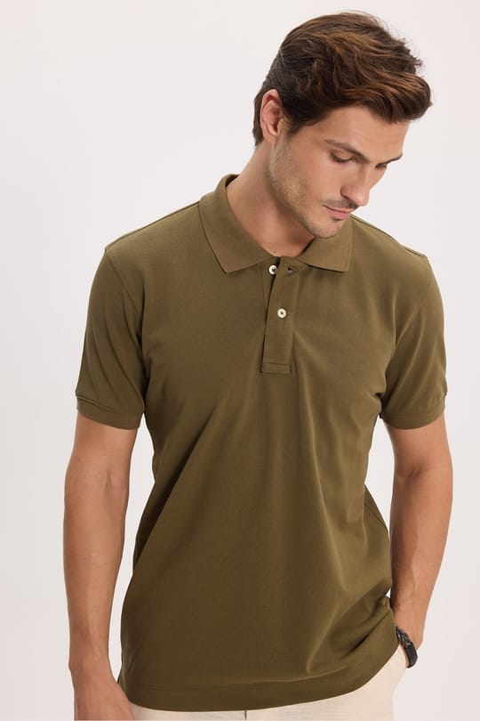 Erkek Slim Fit Dar Kesim Premium Seri %100 Pamuk Yumuşak Dokulu Merserize Haki Polo Yaka Tişört 