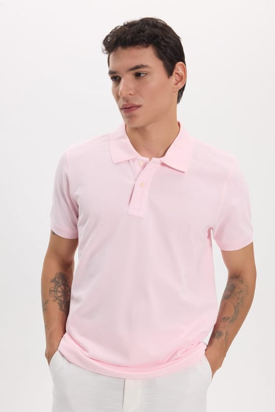 Erkek Slim Fit Dar Kesim Premium Seri %100 Pamuk Yumuşak Dokulu Merserize Pembe Polo Yaka Tişört 