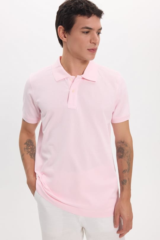 Erkek Slim Fit Dar Kesim Premium Seri %100 Pamuk Yumuşak Dokulu Merserize Pembe Polo Yaka Tişört 