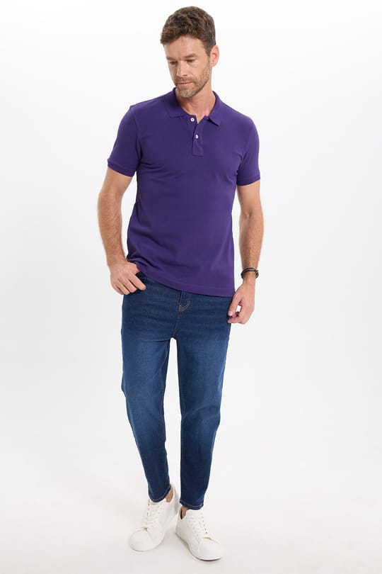 Erkek Slim Fit Dar Kesim Premium Seri %100 Pamuk Yumuşak Dokulu Merserize Mor Polo Yaka Tişört 