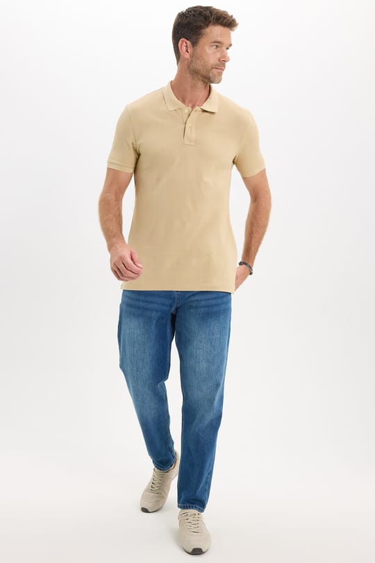 Erkek Slim Fit Dar Kesim Premium Seri %100 Pamuk Yumuşak Dokulu Merserize Bej Polo Yaka Tişört 