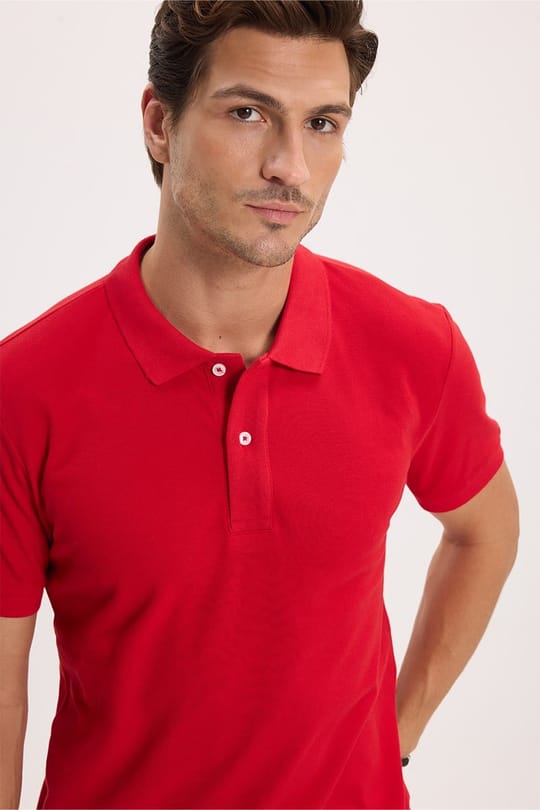 Erkek Slim Fit Dar Kesim Premium Seri %100 Pamuk Yumuşak Dokulu Merserize Kırmızı Polo Yaka Tişört 