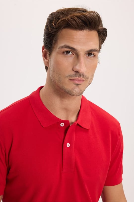 Erkek Slim Fit Dar Kesim Premium Seri %100 Pamuk Yumuşak Dokulu Merserize Kırmızı Polo Yaka Tişört 