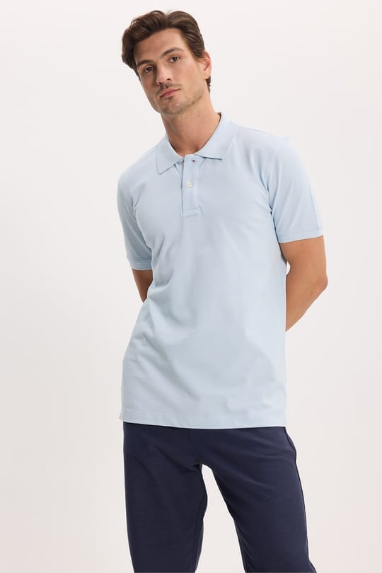 Erkek Slim Fit Dar Kesim Premium Seri %100 Pamuk Yumuşak Dokulu Merserize Açık Mavi Polo Yaka Tişört 