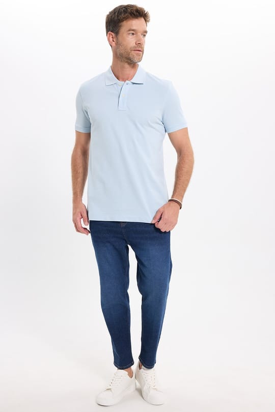 Erkek Slim Fit Dar Kesim Premium Seri %100 Pamuk Yumuşak Dokulu Merserize Açık Mavi Polo Yaka Tişört 