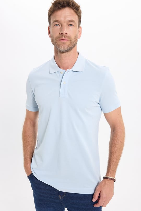 Erkek Slim Fit Dar Kesim Premium Seri %100 Pamuk Yumuşak Dokulu Merserize Açık Mavi Polo Yaka Tişört 