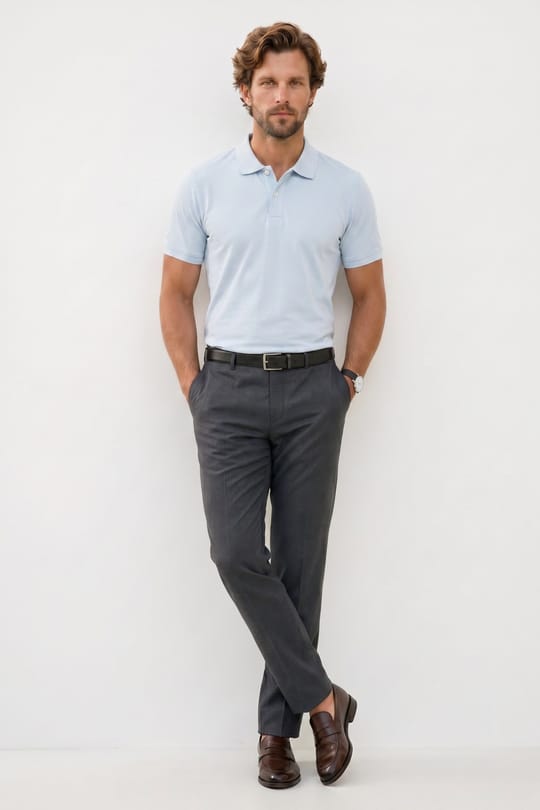 Erkek Slim Fit Dar Kesim Premium Seri %100 Pamuk Yumuşak Dokulu Merserize Açık Mavi Polo Yaka Tişört 
