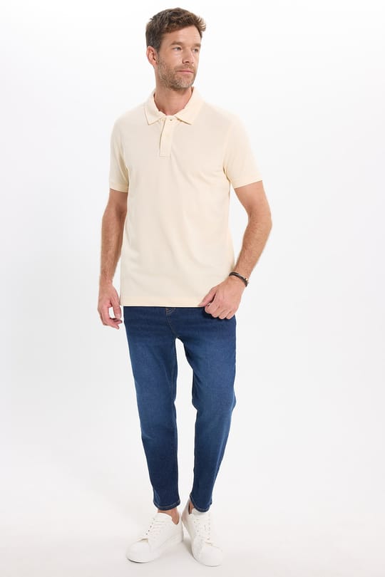 Erkek Slim Fit Dar Kesim %100 Pamuk Kısa Kollu Bej Polo Yaka Tişört 