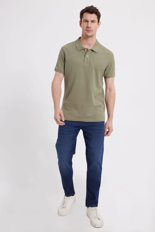 Erkek Slim Fit Dar Kesim %100 Pamuk Kısa Kollu Polo Yaka Haki Tişört