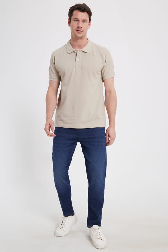 Erkek Slim Fit Dar Kesim %100 Pamuk Kısa Kollu Polo Yaka Bej Tişört