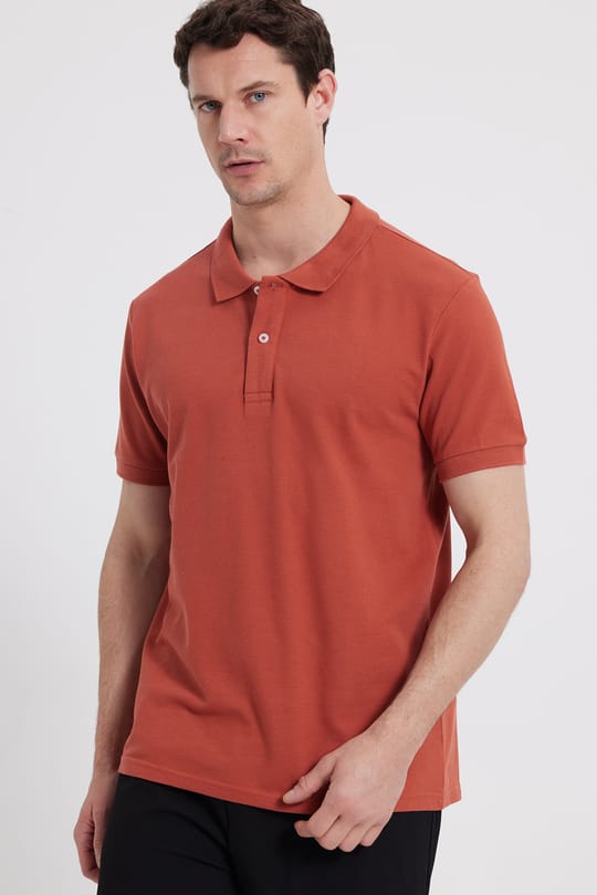 Erkek Slim Fit Dar Kesim %100 Pamuk Kısa Kollu Polo Yaka Turuncu Tişört