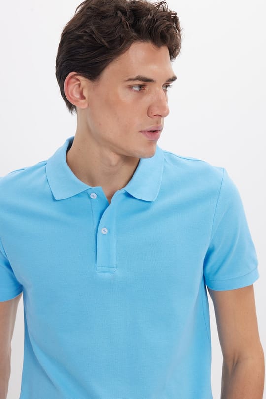 Erkek Slim Fit Dar Kesim %100 Pamuk Kısa Kollu Polo Yaka Mavi Tişört