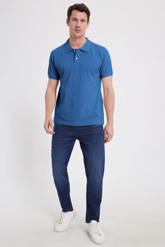 Erkek Slim Fit Dar Kesim %100 Pamuk Kısa Kollu Polo Yaka Mavi Tişört