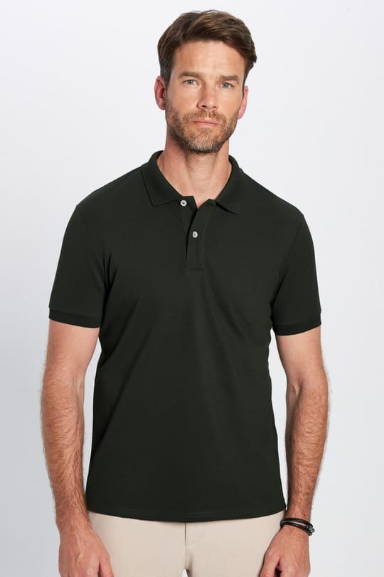 Erkek Slim Fit Dar Kesim %100 Pamuk Kısa Kollu Polo Yaka Haki Tişört