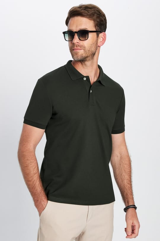 Erkek Slim Fit Dar Kesim %100 Pamuk Kısa Kollu Polo Yaka Haki Tişört