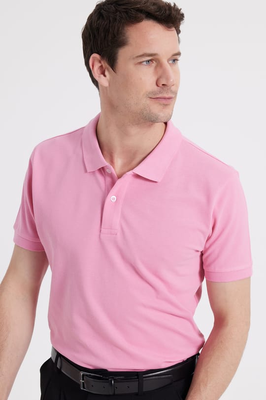Erkek Slim Fit Dar Kesim %100 Pamuk Kısa Kollu Polo Yaka Pembe Tişört