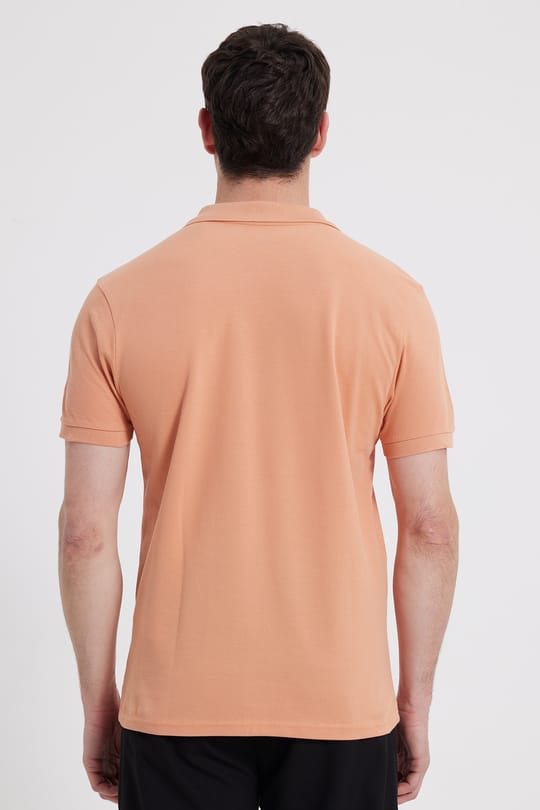 Erkek Slim Fit Dar Kesim %100 Pamuk Kısa Kollu Polo Yaka Turuncu Tişört