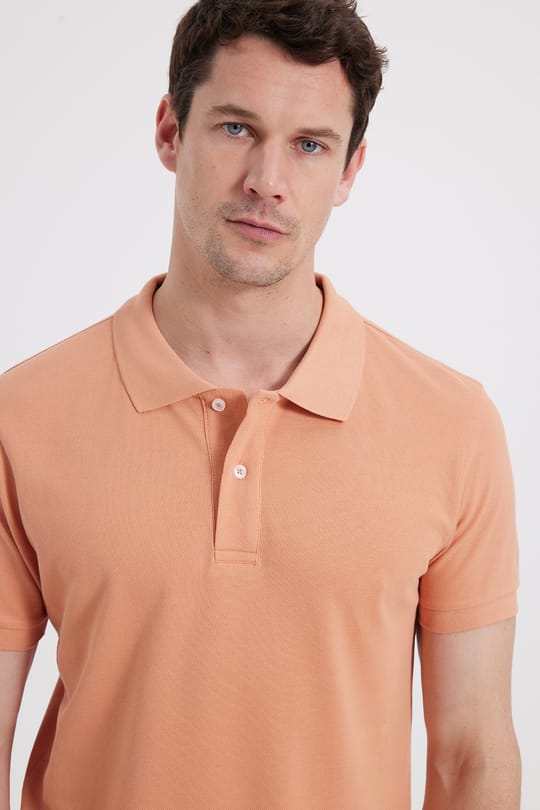 Erkek Slim Fit Dar Kesim %100 Pamuk Kısa Kollu Polo Yaka Turuncu Tişört
