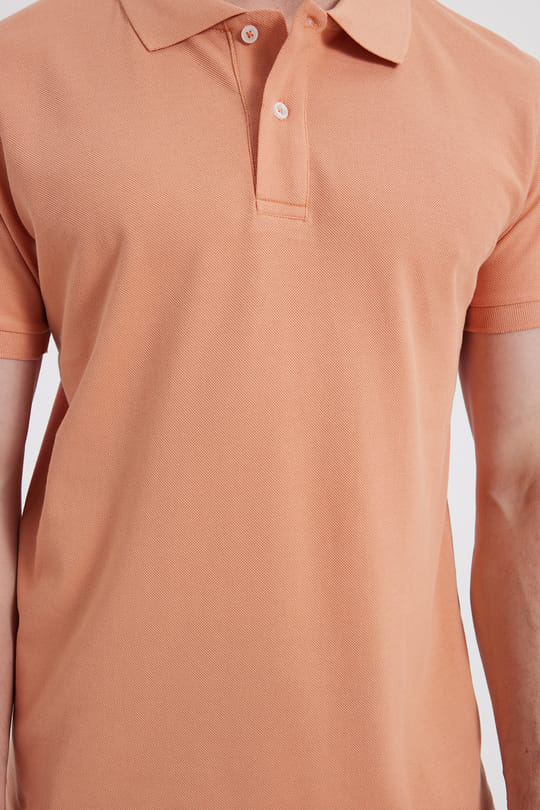 Erkek Slim Fit Dar Kesim %100 Pamuk Kısa Kollu Polo Yaka Turuncu Tişört