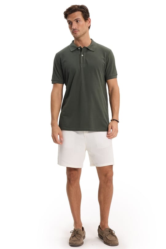 Erkek Slim Fit Dar Kesim %100 Pamuk Kısa Kollu Polo Yaka Yeşil Tişört