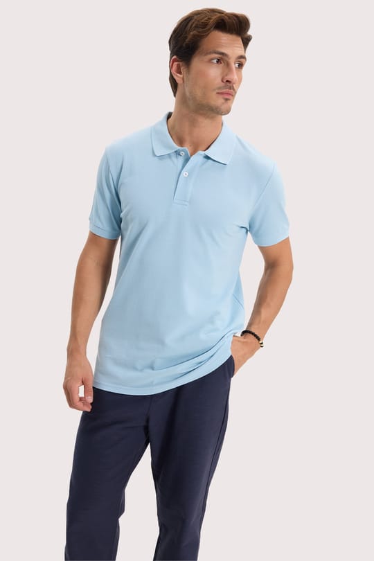 Erkek Slim Fit Dar Kesim %100 Pamuk Kısa Kollu Polo Yaka Mavi Tişört