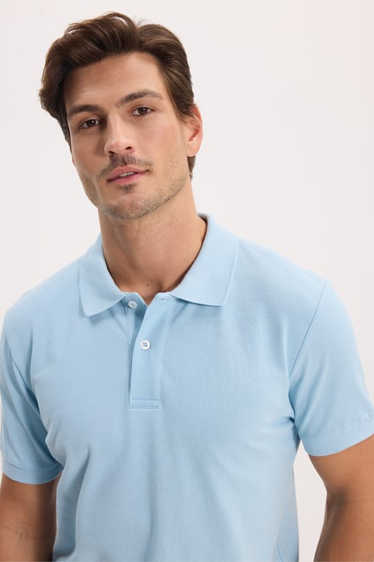 Erkek Slim Fit Dar Kesim %100 Pamuk Kısa Kollu Polo Yaka Mavi Tişört