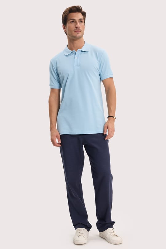 Erkek Slim Fit Dar Kesim %100 Pamuk Kısa Kollu Polo Yaka Mavi Tişört