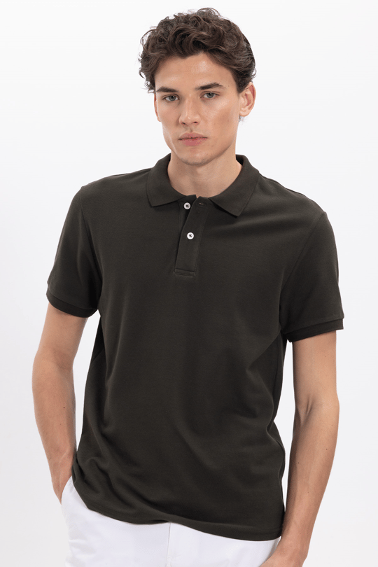 Erkek Slim Fit Dar Kesim %100 Pamuk Kısa Kollu Polo Yaka Haki Tişört