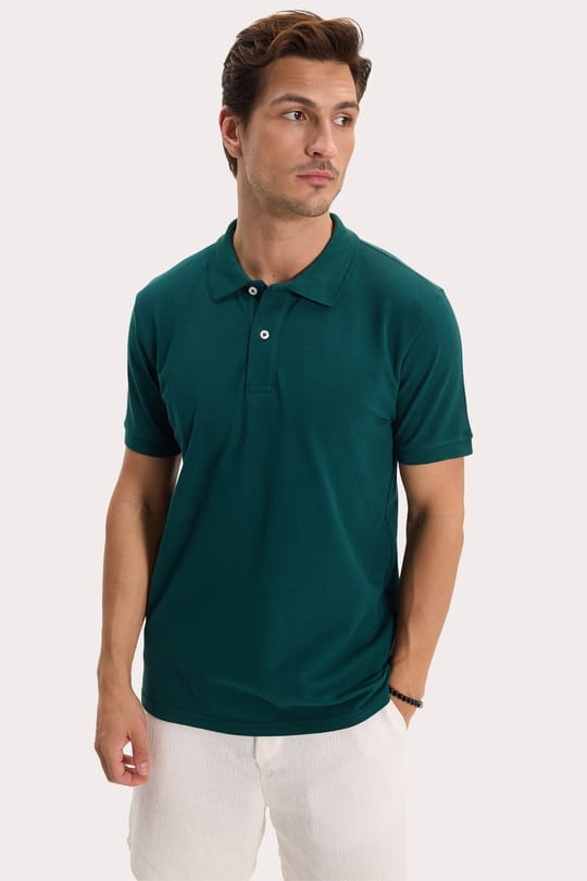 Erkek Slim Fit Dar Kesim %100 Pamuk Kısa Kollu Polo Yaka Yeşil Tişört