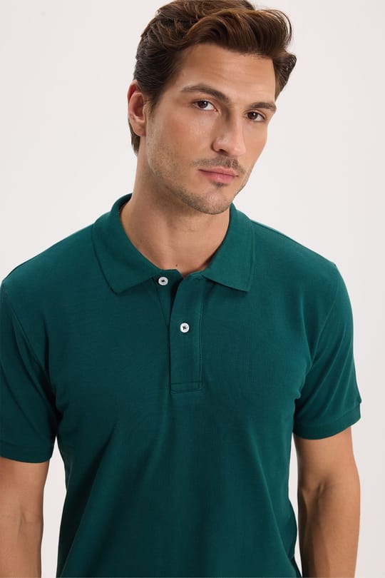 Erkek Slim Fit Dar Kesim %100 Pamuk Kısa Kollu Polo Yaka Yeşil Tişört