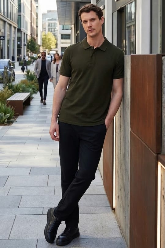 Erkek Slim Fit Dar Kesim %100 Pamuk Kısa Kollu Polo Yaka Haki Tişört