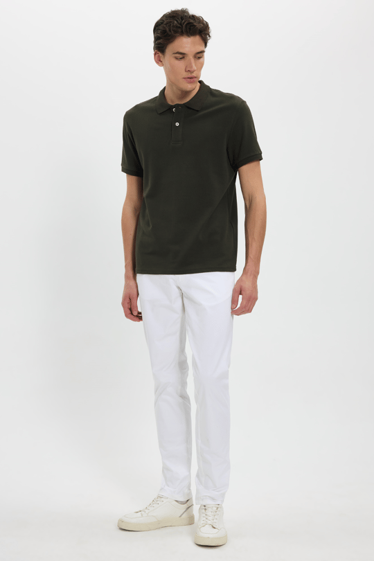 Erkek Slim Fit Dar Kesim %100 Pamuk Kısa Kollu Polo Yaka Haki Tişört