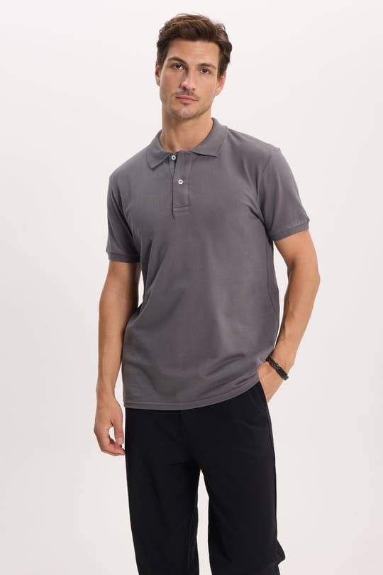 Erkek Slim Fit Dar Kesim %100 Pamuk Kısa Kollu Polo Yaka Antrasit Tişört
