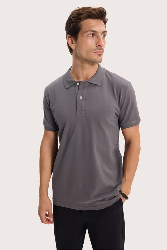 Erkek Slim Fit Dar Kesim %100 Pamuk Kısa Kollu Polo Yaka Antrasit Tişört