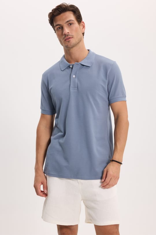 Erkek Slim Fit Dar Kesim %100 Pamuk Kısa Kollu Polo Yaka İndigo Tişört