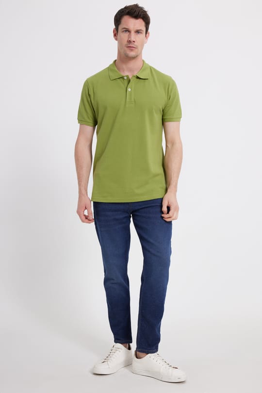 Erkek Slim Fit Dar Kesim %100 Pamuk Kısa Kollu Polo Yaka Yeşil Tişört