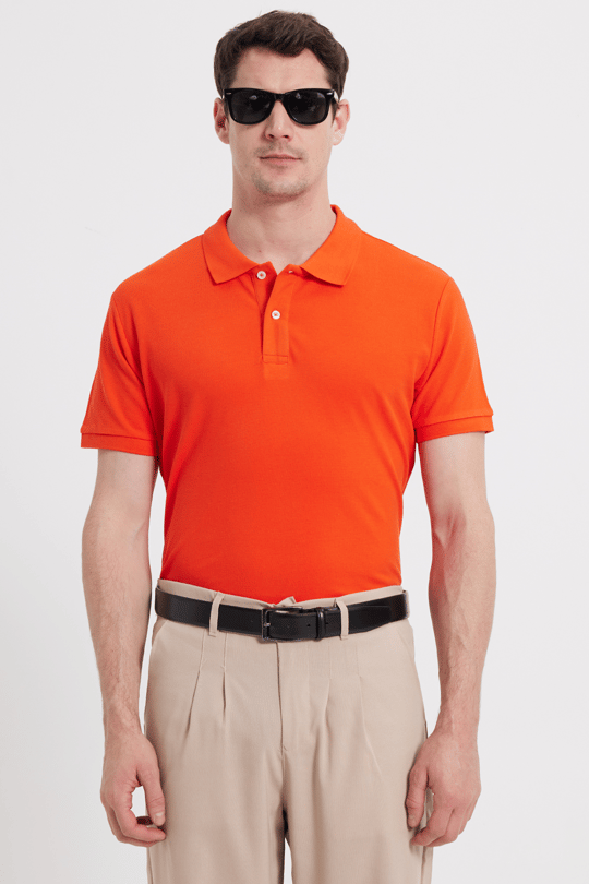 Erkek Slim Fit Dar Kesim %100 Pamuk Kısa Kollu Polo Yaka Turuncu Tişört