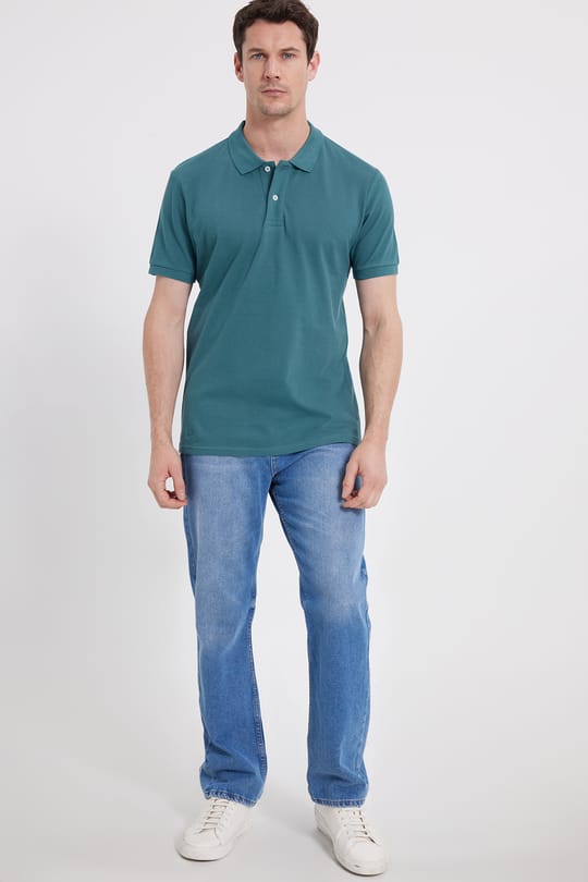 Erkek Slim Fit Dar Kesim %100 Pamuk Kısa Kollu Polo Yaka Yeşil Tişört