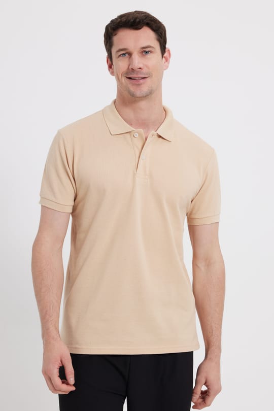 Erkek Slim Fit Dar Kesim %100 Pamuk Bej Polo Yaka Tişört