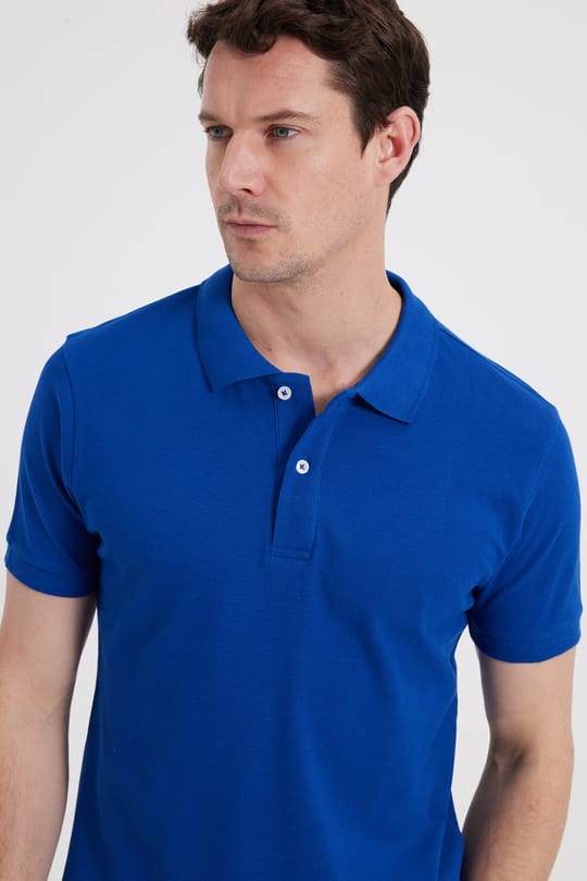 Erkek Slim Fit Dar Kesim %100 Pamuk Kısa Kollu Polo Yaka Lacivert Tişört