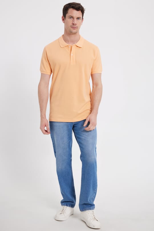 Erkek Slim Fit Dar Kesim %100 Pamuk Kısa Kollu Polo Yaka Turuncu Tişört