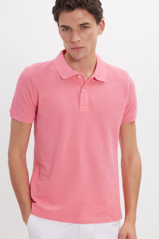 Erkek Slim Fit Dar Kesim %100 Pamuk Kısa Kollu Polo Yaka Pembe Tişört