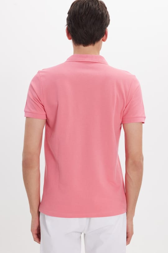 Erkek Slim Fit Dar Kesim %100 Pamuk Kısa Kollu Polo Yaka Pembe Tişört