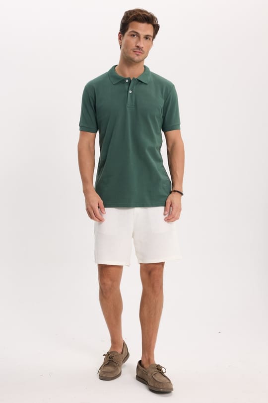 Erkek Slim Fit Dar Kesim %100 Pamuk Kısa Kollu Polo Yaka Haki Tişört