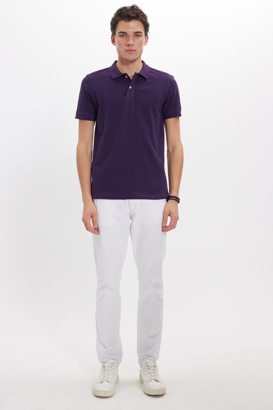 Erkek Slim Fit Dar Kesim %100 Pamuk Kısa Kollu Polo Yaka Mor Tişört