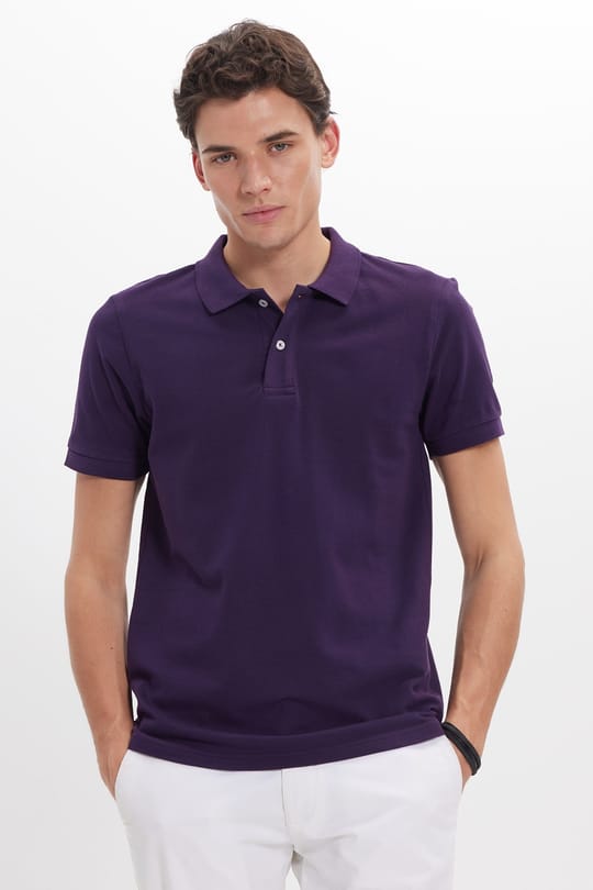 Erkek Slim Fit Dar Kesim %100 Pamuk Kısa Kollu Polo Yaka Mor Tişört